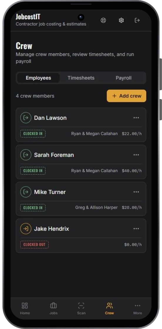 Crew management screen listing crew members with clock-in status, assigned jobs and hourly rates
