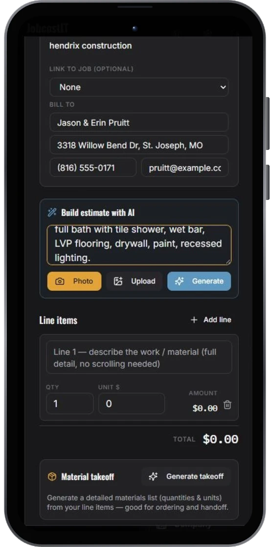 Describe the job in plain English — AI prompt field on the JobCostIT estimate screen