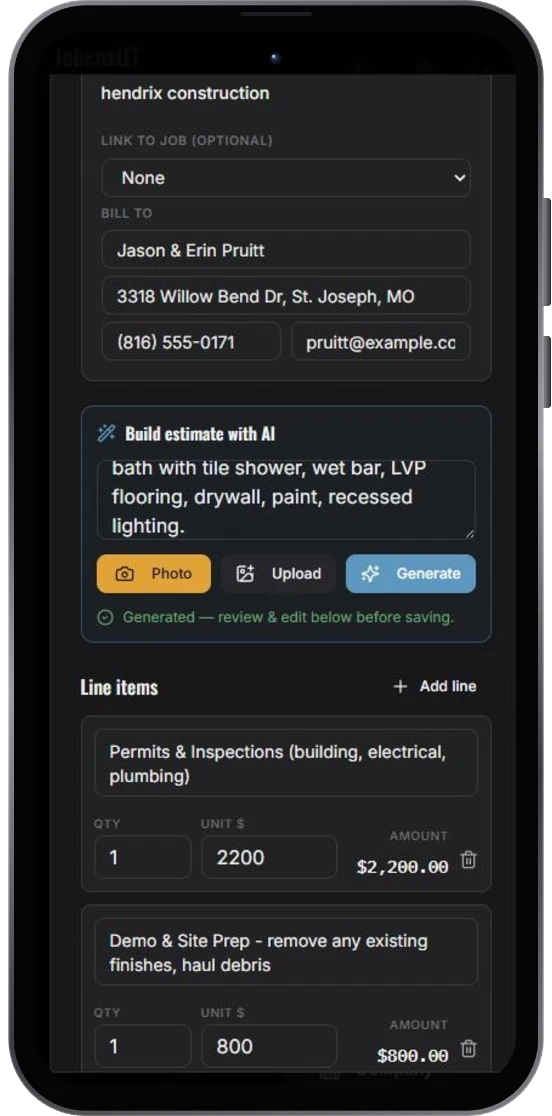 AI-generated line items appear — review and edit before saving