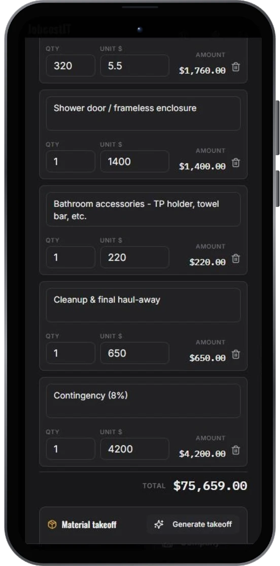 Estimate total of $75,659 with all line items and an 8% contingency
