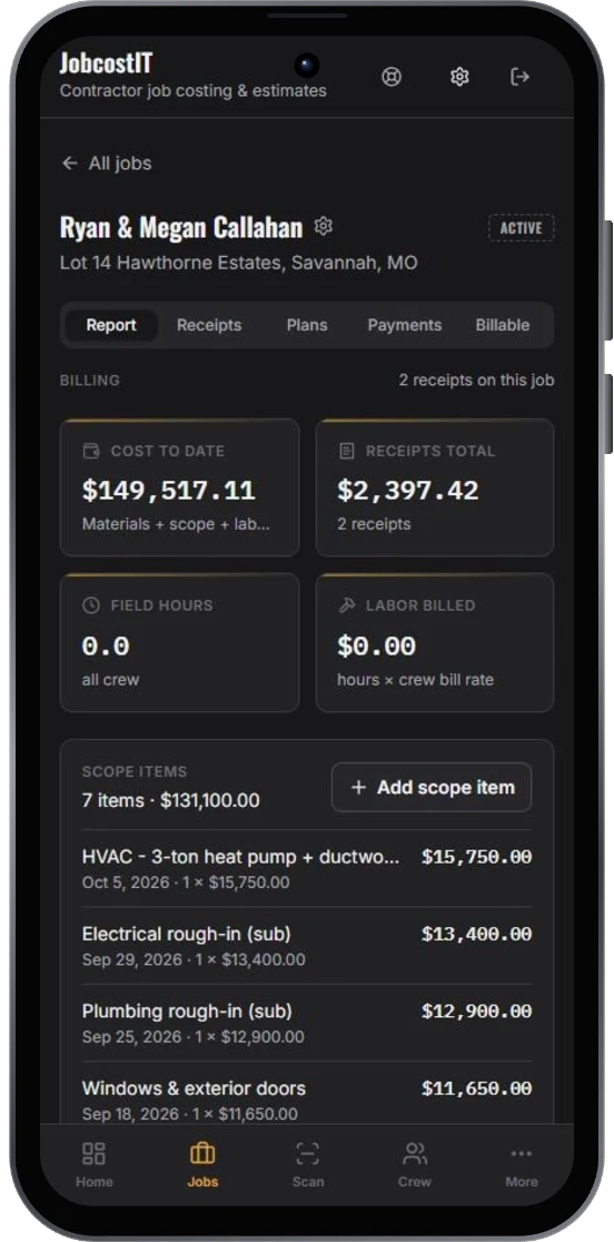 Job cost detail screen — cost-to-date, receipts total, field hours and billing