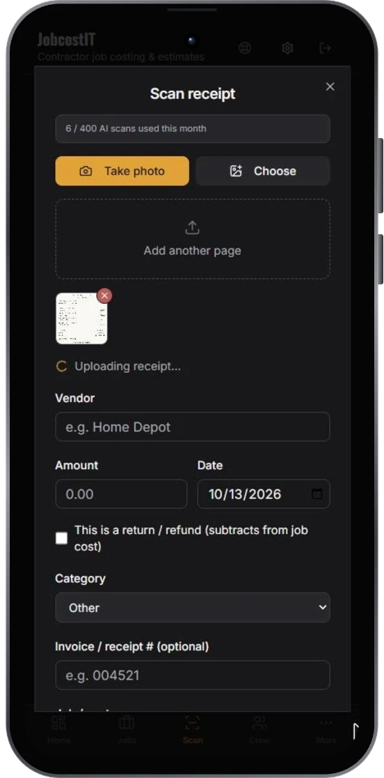 Snap or upload a receipt photo in the JobCostIT scan screen