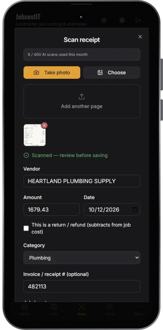 Receipt details filled in — vendor, amount, date and category ready to review and save